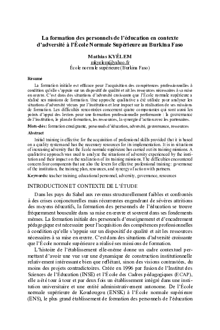 La formation des personnels de l&rsquo;éducation en contexte d&rsquo;adversité à l&rsquo;École Normale Supérieure au Burkina Faso