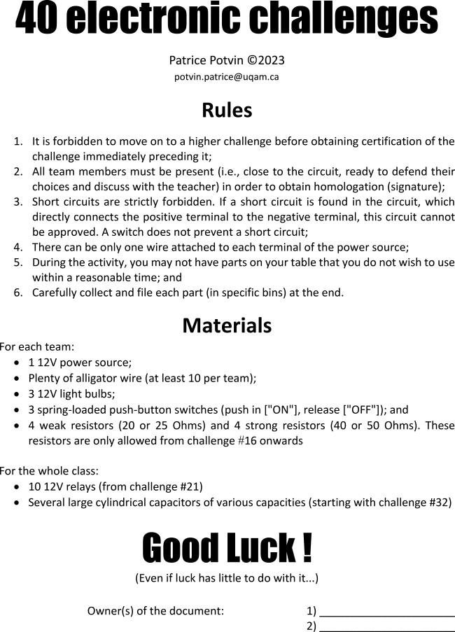 Discovering basic electricity through the “forty electronic challenges”