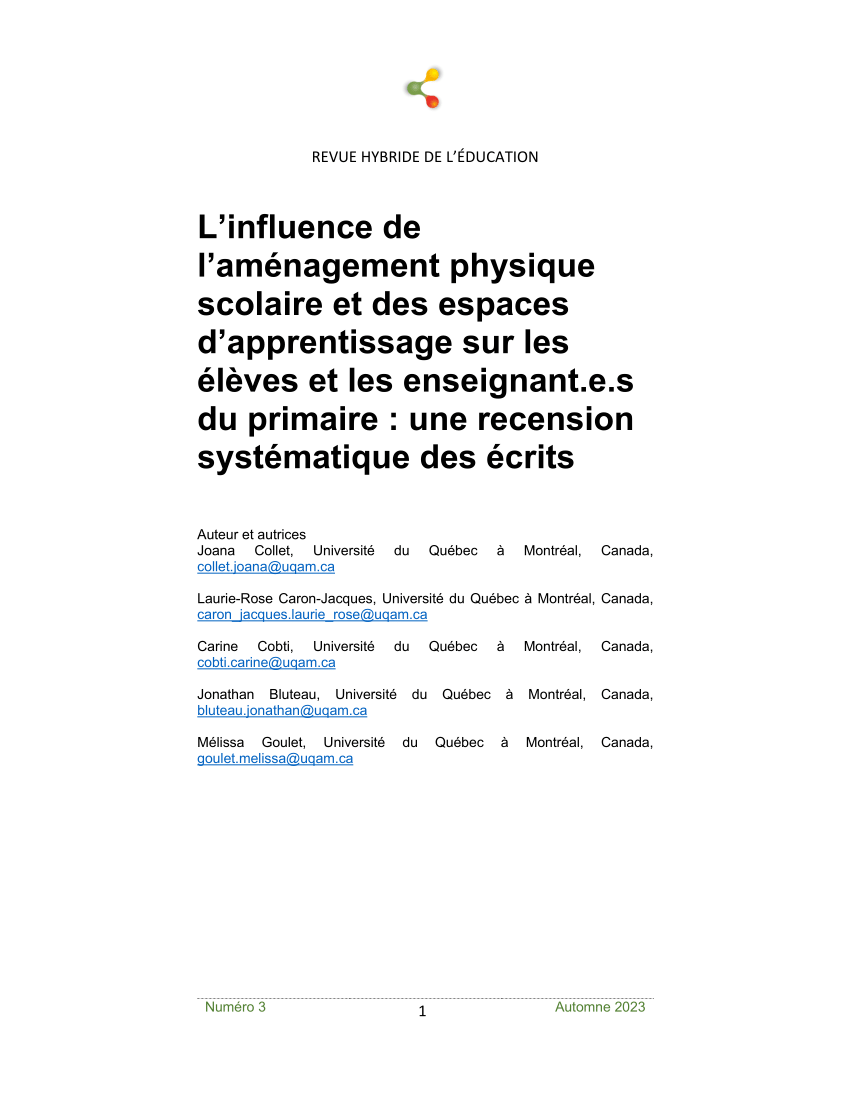 L’influence de l’aménagement physique scolaire et des espaces d’apprentissage sur les élèves et les enseignant.e.s du primaire&nbsp;: une recension systématique des écrits