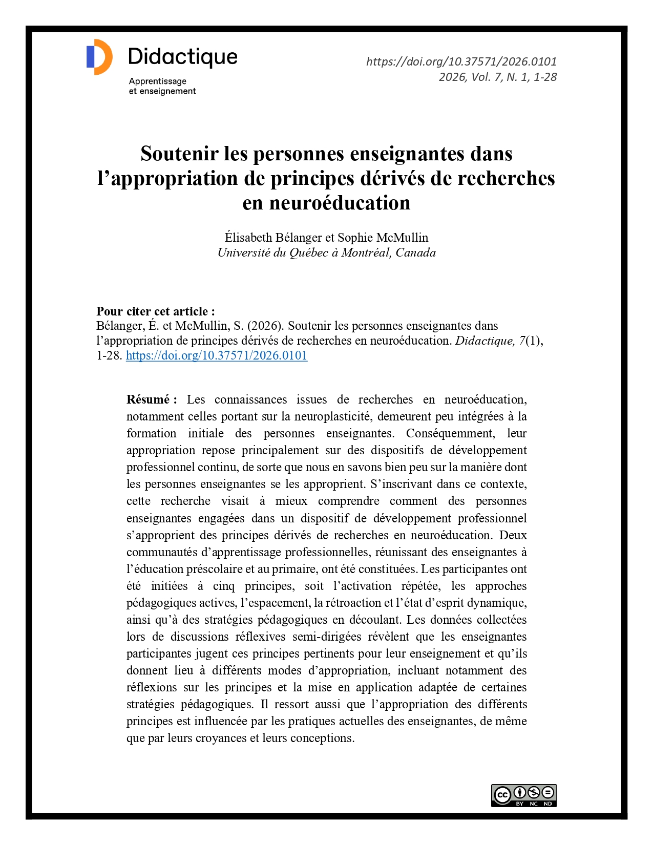 Soutenir les personnes enseignantes dans l’appropriation de principes dérivés de recherches en neuroéducation